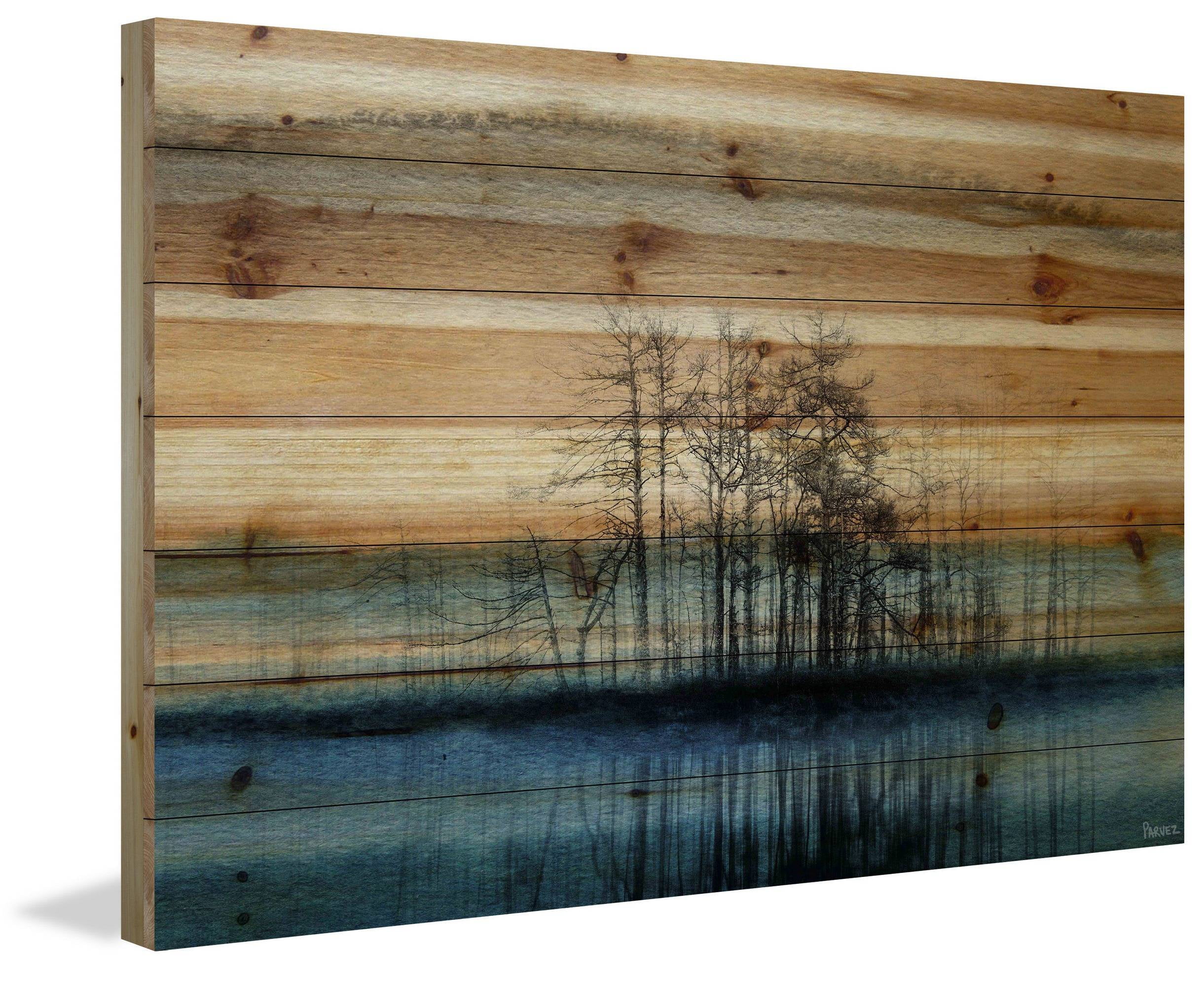 Tree Isle Reflects Blue and Natural Pine Canvas Art