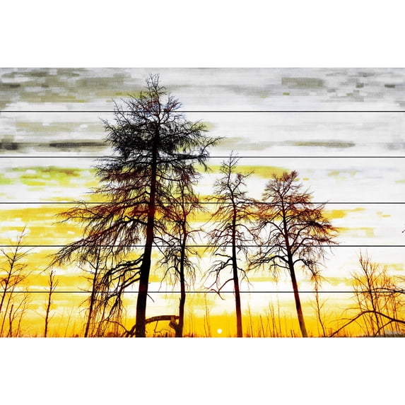 Parvez Taj - Trees Against Gold Sky Painting Print on White Wood - Multi-Color 36 x 24