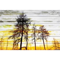Parvez Taj  - Trees Against Gold Sky Painting Print on White Wood - Multi-Color 36 x 24