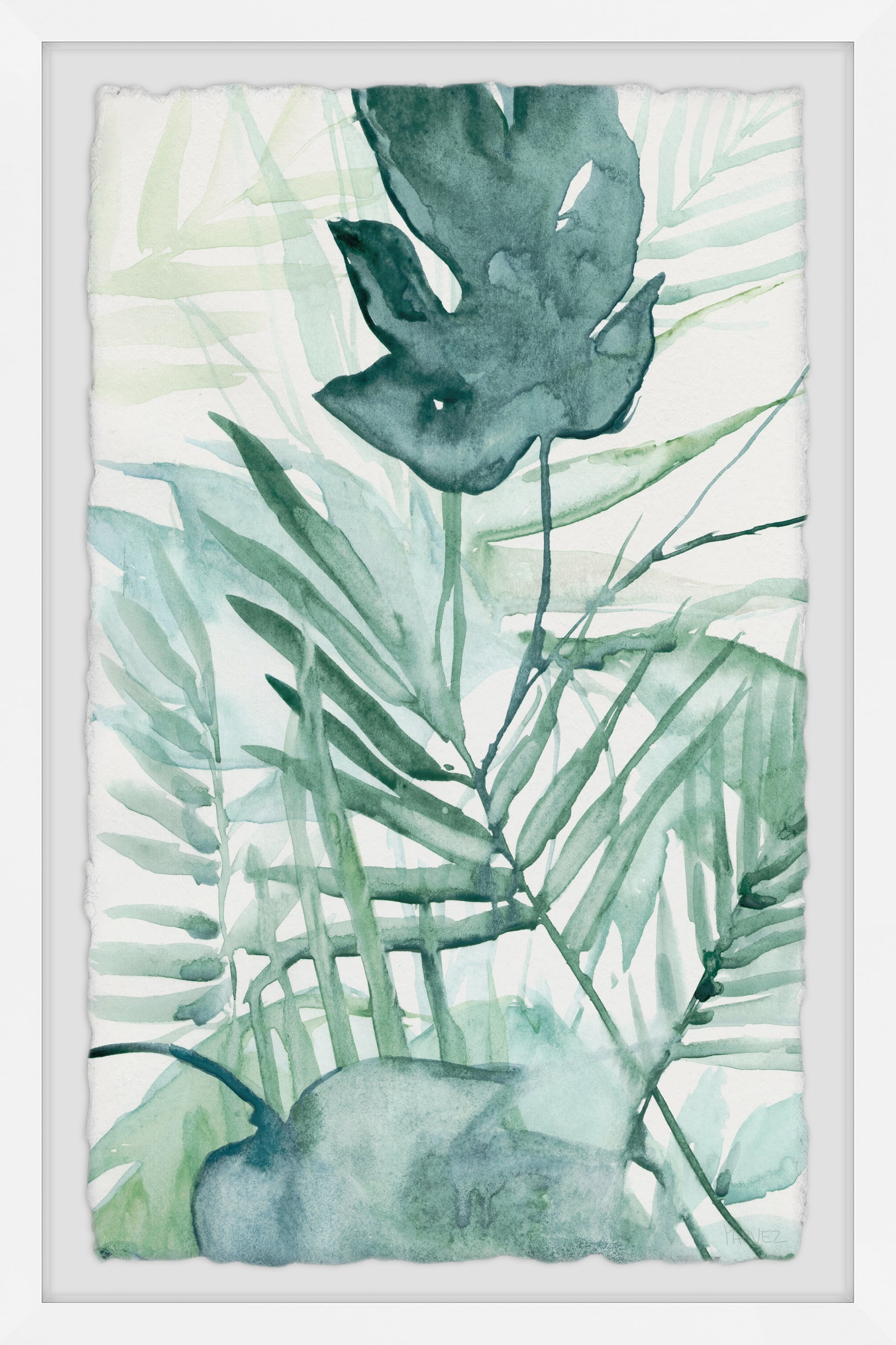Tropic Palms Green and White Framed Canvas Print