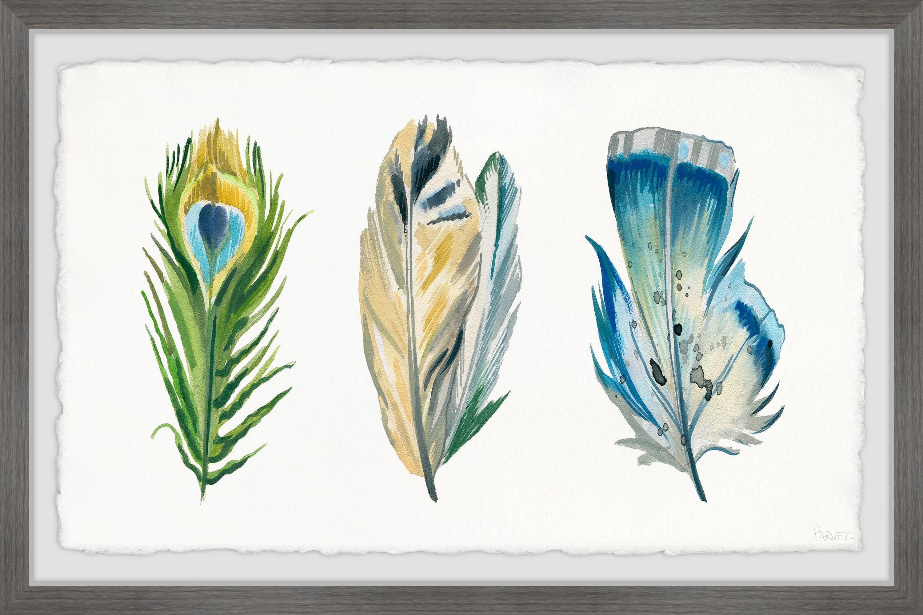 Tropical Feathers Framed Canvas Print in Gray Frame