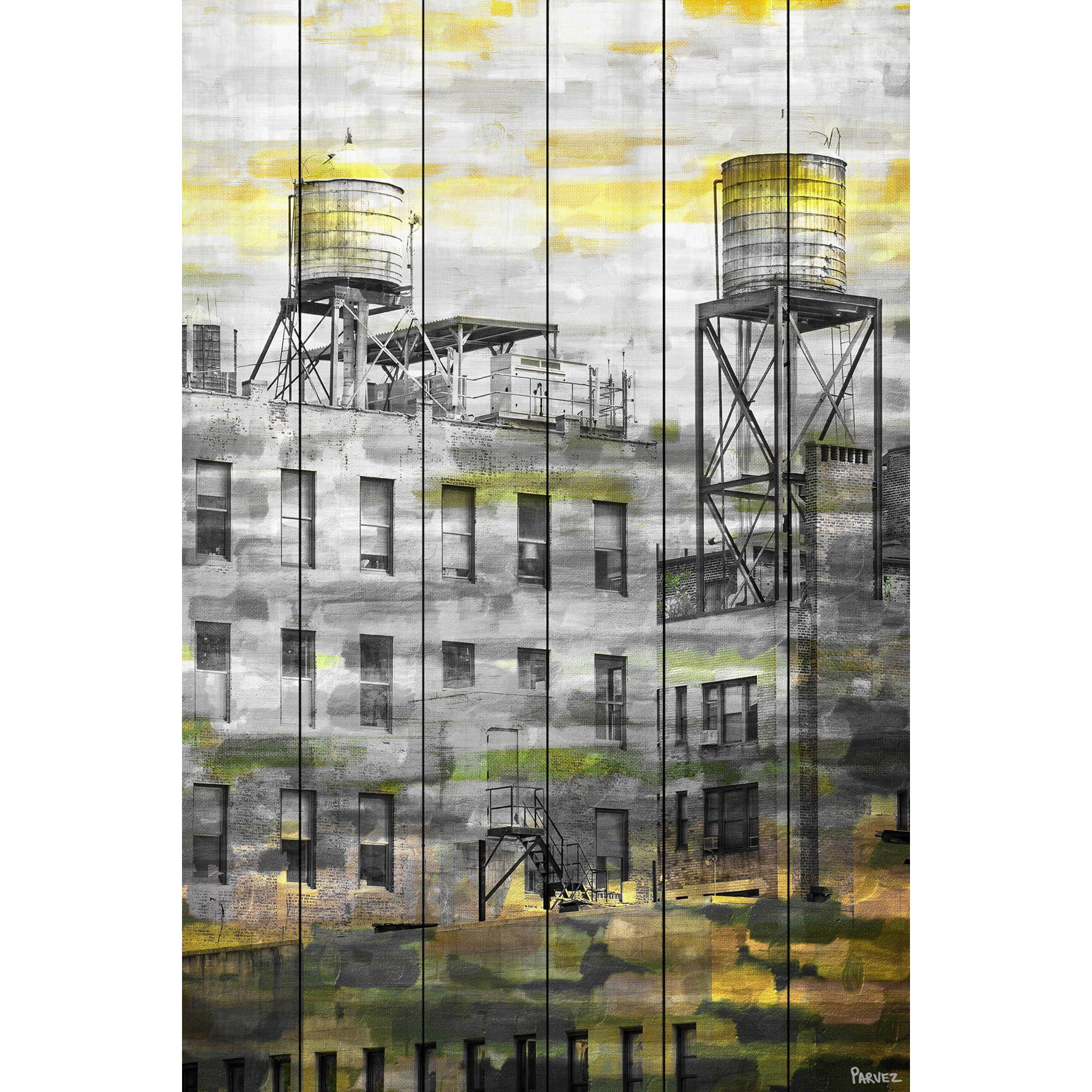 Parvez Taj  'Twin Silos' Painting Print on White Wood - Multi-color 30 x 45