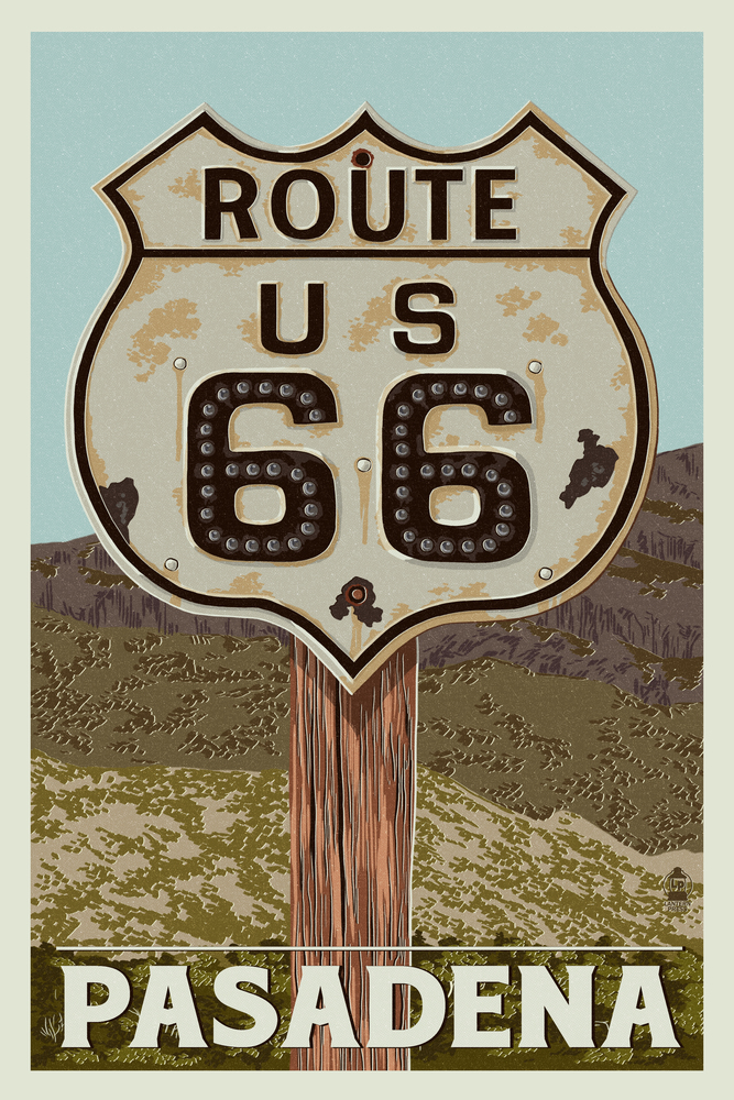 Pasadena, California, Route 66, Letterpress (12x18 Wall Art Poster ...