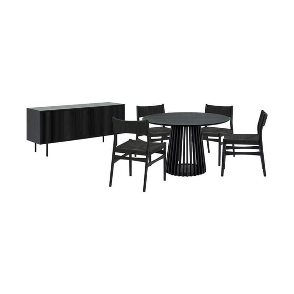 Pasadena Erie 6 Piece Round Dining Set with Buffet in Black Oak Finish with Paper Cord Chairs