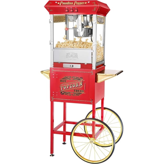 Pasadena rn Machine with Cart- Popper Makes 3 Gallons- 8-Ounce Kettle, Old Maids Drawer, Warming Tray & Scoop by (Red)