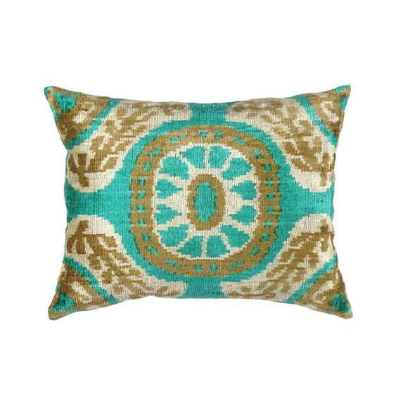 Pasargad Home Ikat 15" x 20" Contemporary Velvet Pillow in Green/Beige