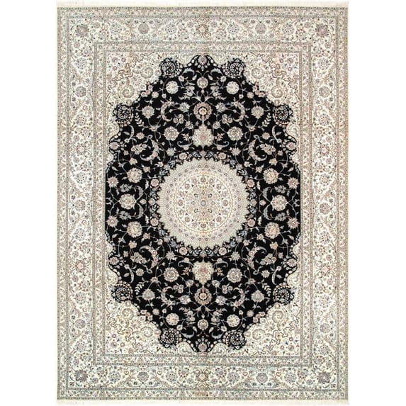 Pasargad Home 101" x 138" Hand-Knotted Silk & Wool Area Rug in Black/Ivory