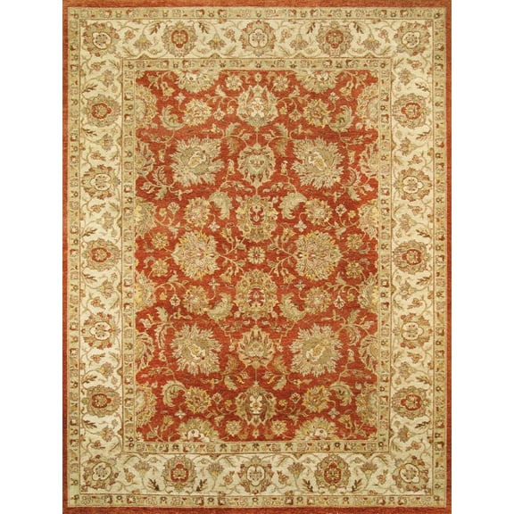Pasargad Home Agra 10' x 14' Hand-Knotted Lamb's Wool Coral/Ivory Rug - All Ages, Indoors