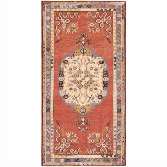 Pasargad Home Anatolian 36" x 69" Hand-Woven Wool Area Rug in Coral Orange/Beige