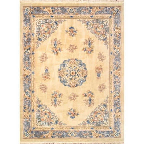 Pasargad Home Art Deco Hand-Knotted Ivory Wool Area Rug- 8'10" X 11'10"