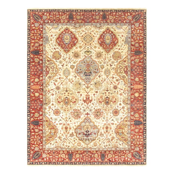 Pasargad Home P-LAVAR IVO 9X12 Azerbaijan Collection Hand-Knotted Lamb's Wool Area Rug- 8 ft.11 in. X 11 ft.10 in. Ivory