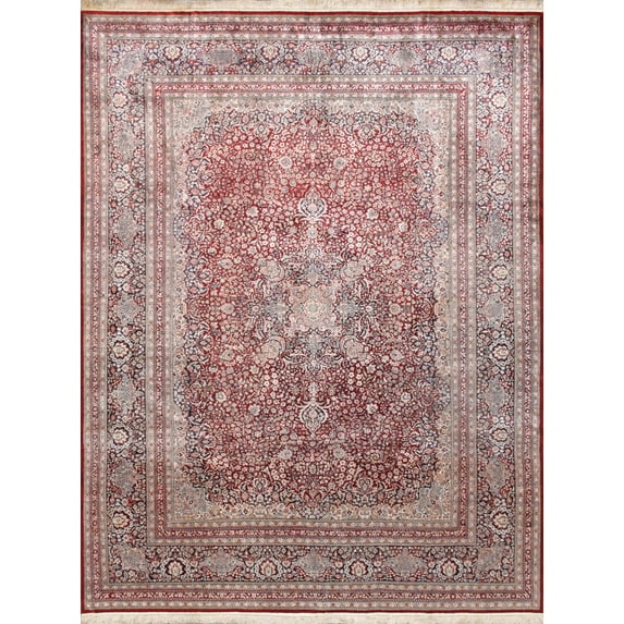 Pasargad Home Kashan 111" x 145" Hand-Knotted Silk Fabric Area Rug in Red/Navy