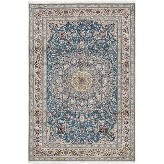 Pasargad Home 83" x 127" Hand-Knotted Silk & Wool Area Rug in Blue/Ivory