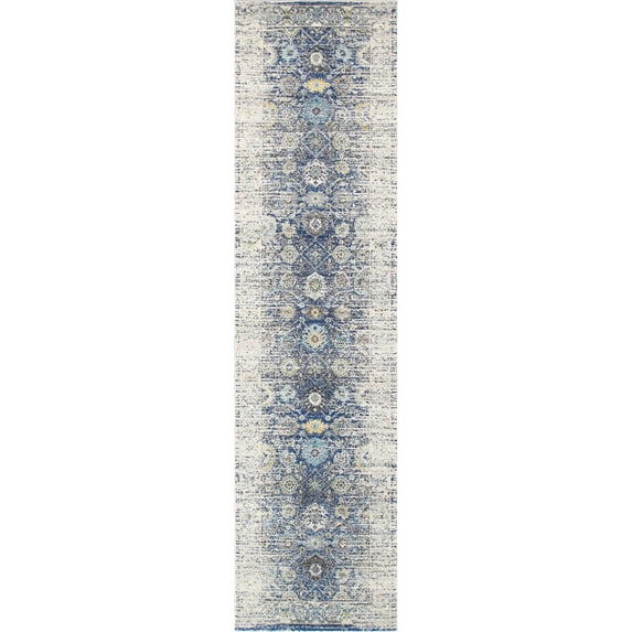 Pasargad Home Chelsea 2.08' x 8' Power-Loomed Navy/Ivory Runner Rug - All Ages, Indoors