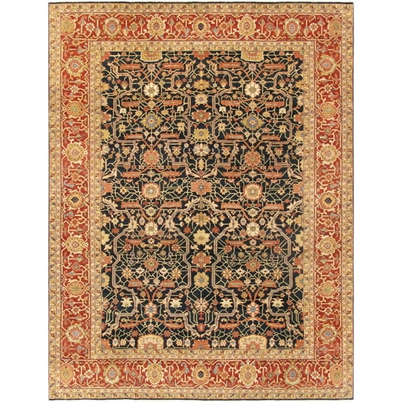Pasargad Home Ferehan 9' x 12' Hand-Knotted Lamb's Wool Navy/Rust Rug - All Ages, Indoors