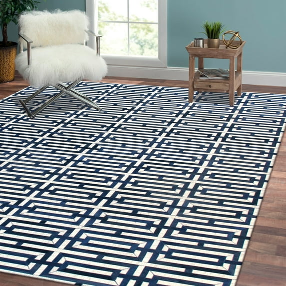 Pasargad Home Galaxy 9' x 12' Hand-Loomed Cowhide Silver/Navy Rug - All Ages, Indoors