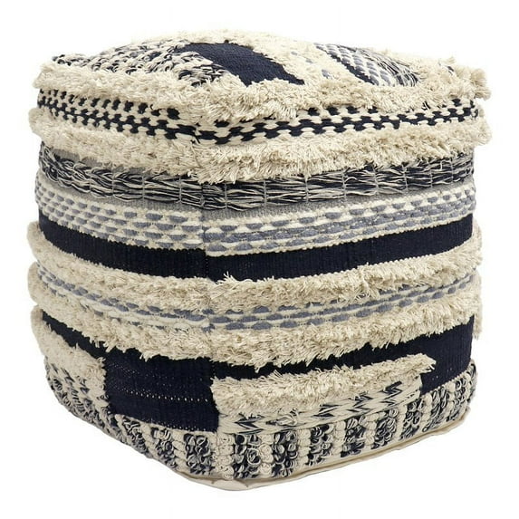 Pasargad Home Grandcanyon Hand-Woven Cotton Pouf Ottoman in Navy/Beige