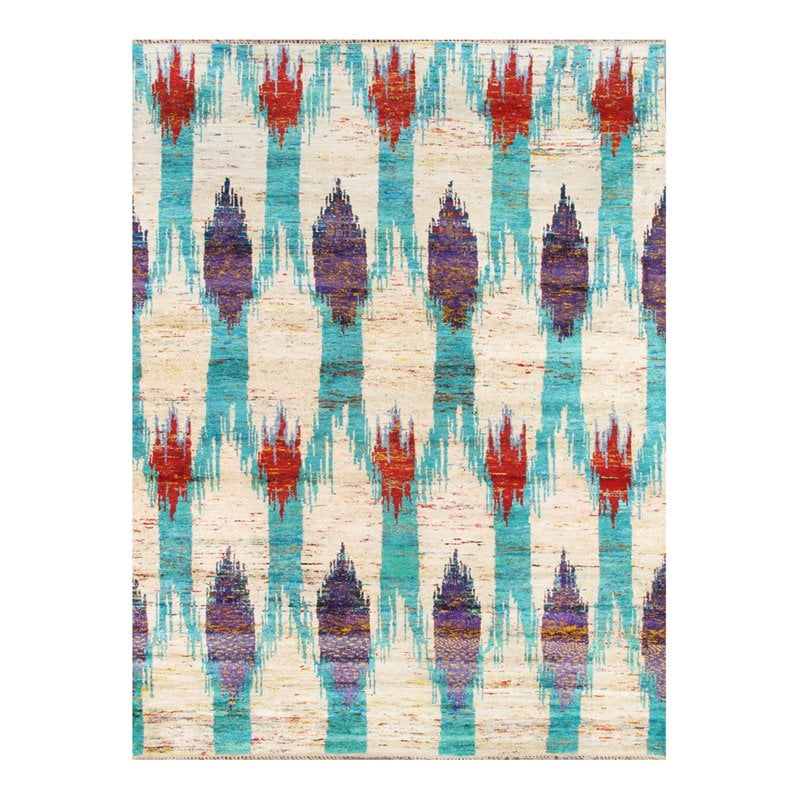 Elegant Ivory Silk 8' x 10' Hand-Knotted Ikat Area Rug