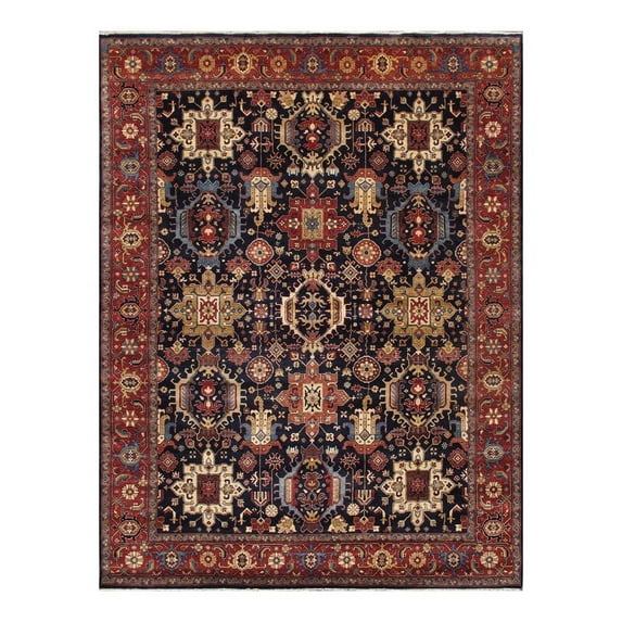 Pasargad Home Karabakh 93" x 123" Hand-Knotted Wool Area Rug in Rust Red/Navy