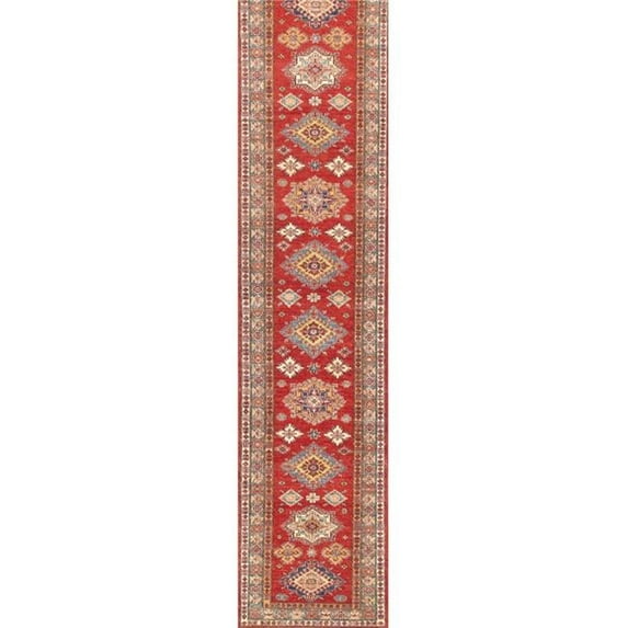 Pasargad Home Kazak 33" x 154" Hand-Knotted Lamb's Wool Runner Rug in Red/Blue