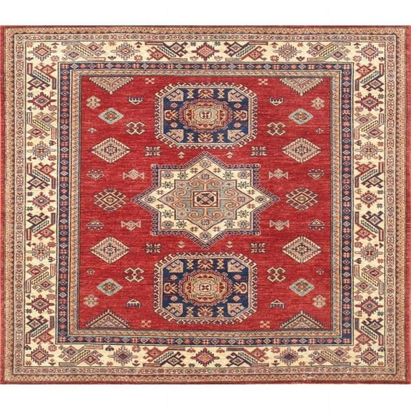 Pasargad Home Kazak 62" x 71" Hand-Knotted Lamb's Wool Area Rug in Red/Ivory