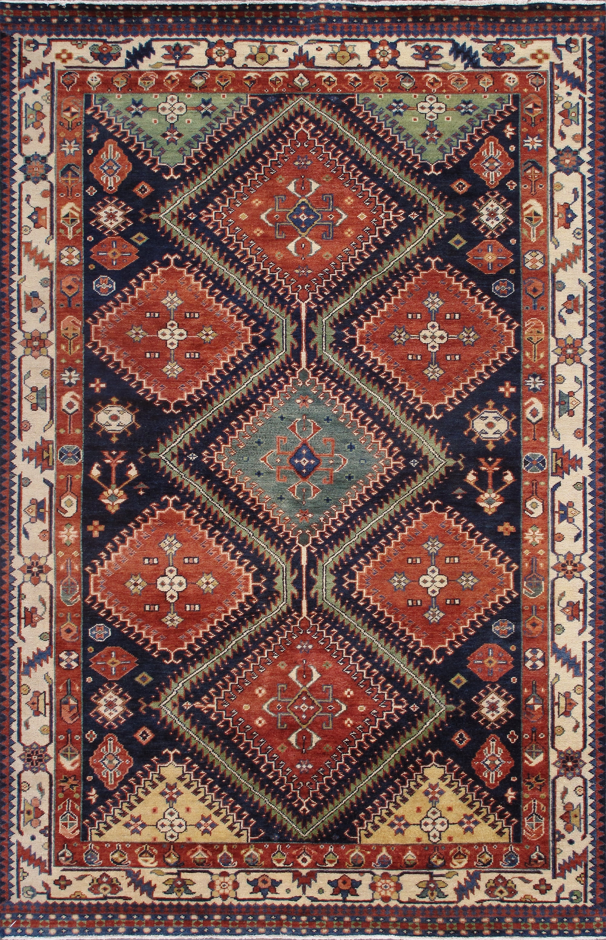Hand-Knotted Ivory and Navy Wool Oriental Rug 7' x 10'