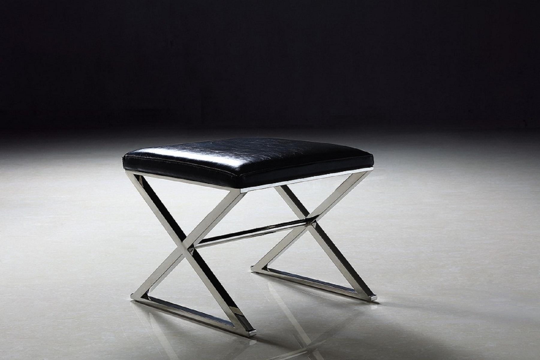 Sleek 19.7'' Stainless Steel and Black Faux Leather Bench