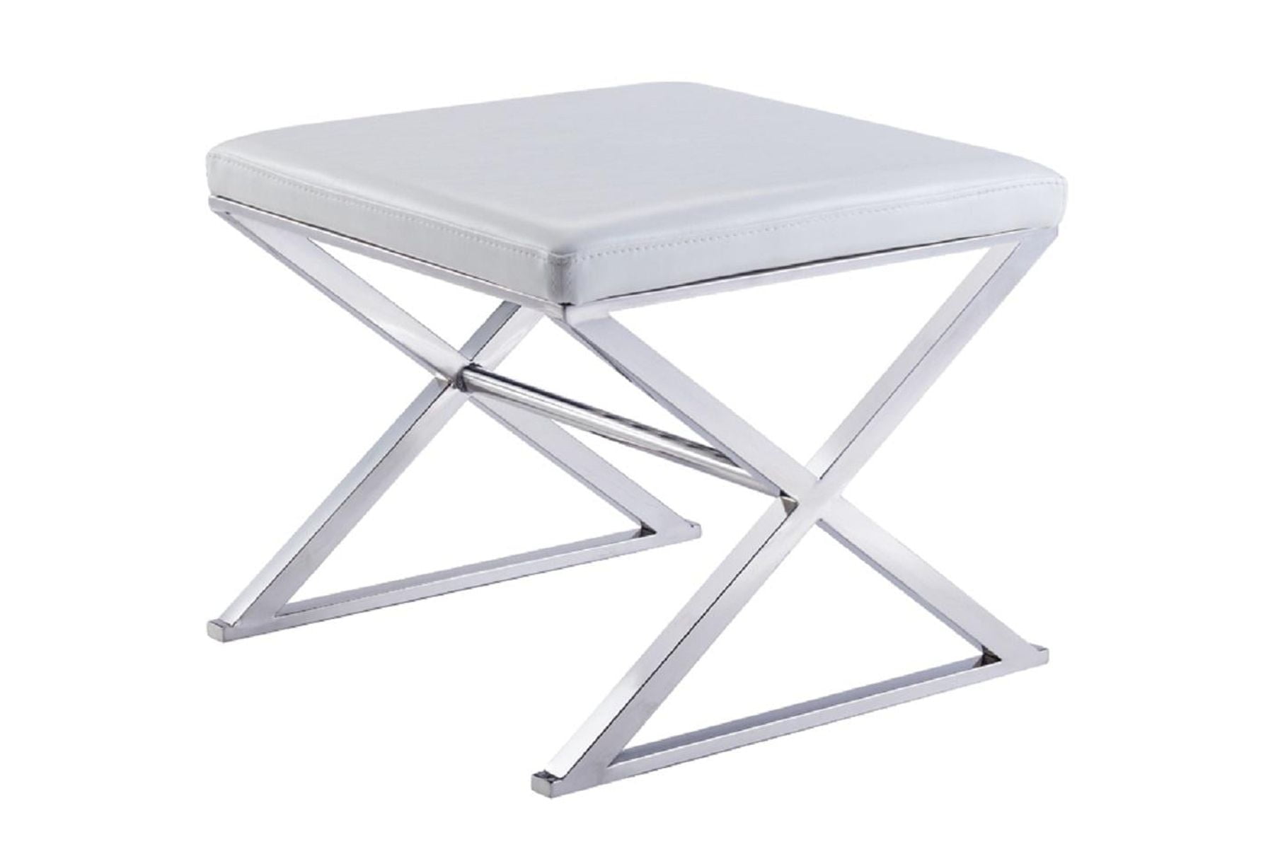 Compact Luxe White Faux Leather Bench with Chrome Base