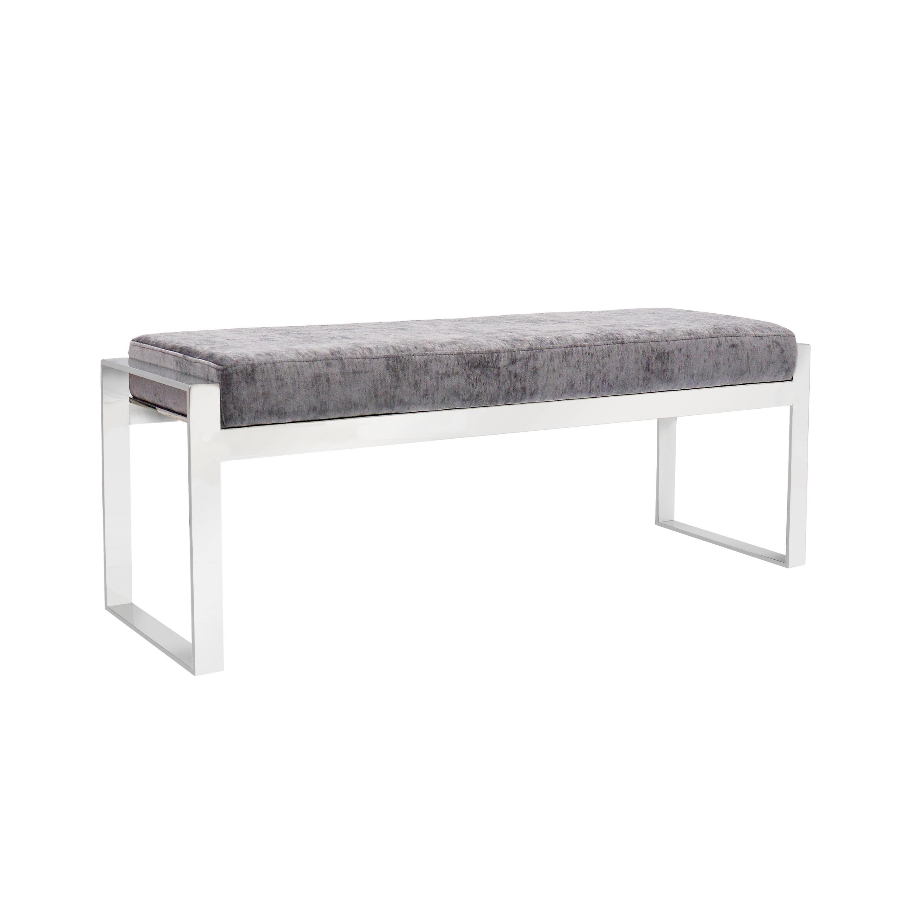 Gray Velvet Upholstered Bench with Stainless Steel Legs