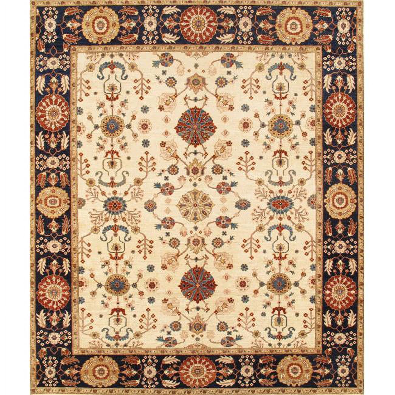 Ivory and Navy Hand-Knotted Wool 8' x 10' Area Rug