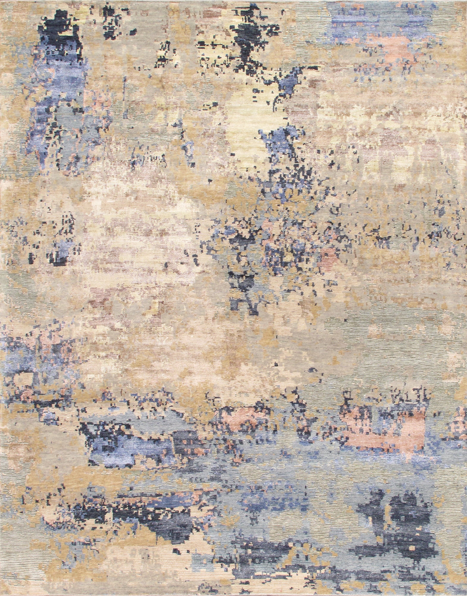Large Blue and Beige Hand-Knotted Wool Silk Rug