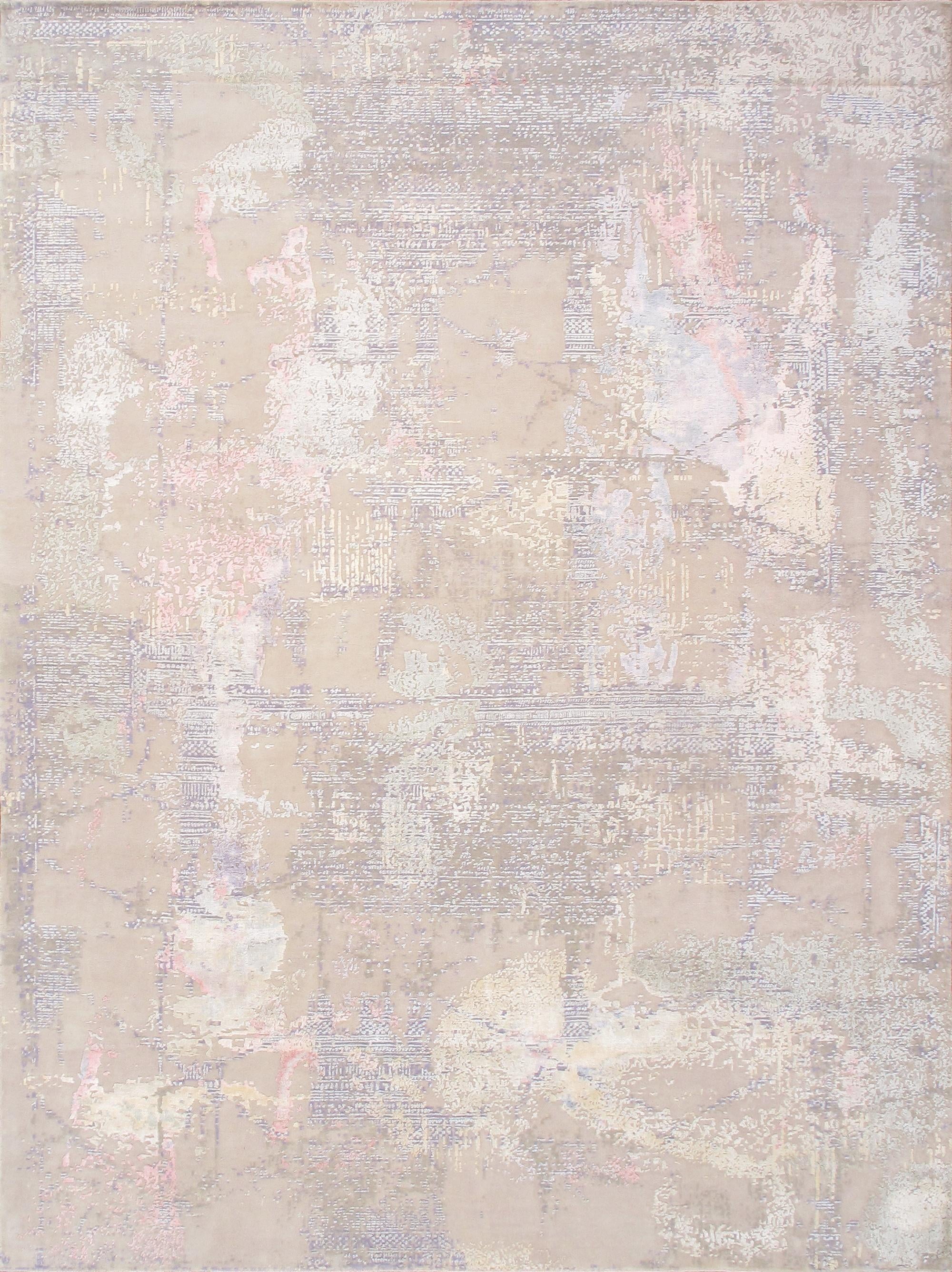 Gray and Beige Hand-Knotted Wool Silk Abstract Rug