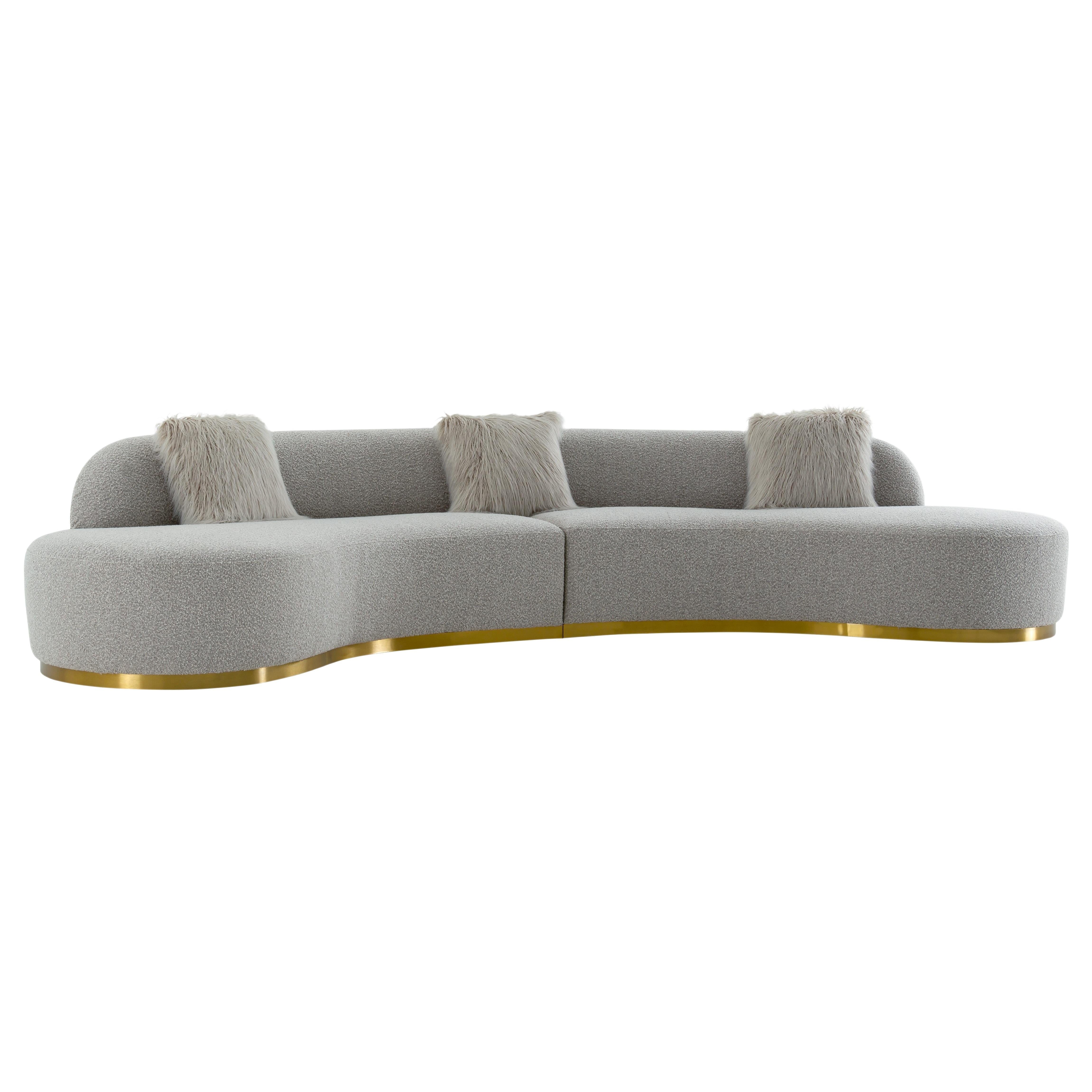 Simona Modern Curved 150'' Grey Fabric Sofa with Track Arms