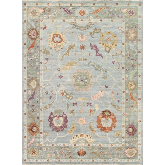 Pasargad Home Oushak 9' x 12' Hand-Knotted Wool Blue/Green Rug - All Ages, Indoors