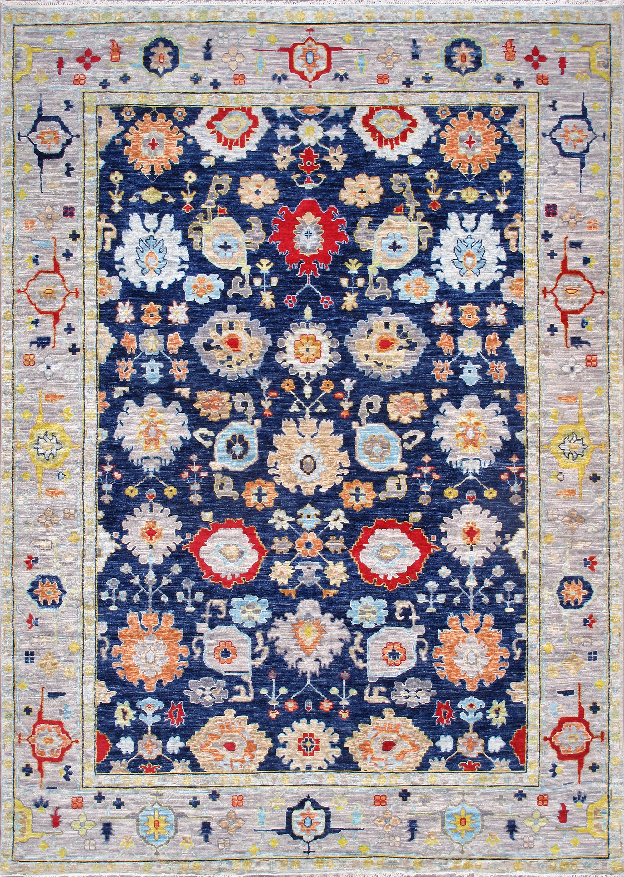 Elegant Navy Floral Hand-Knotted Wool Rectangular Rug 10' x 14'