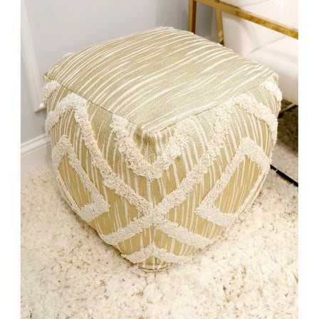 Pasargad Home Grandcanyon 17" Shaggy Pattern Cotton Pouf Ottoman in Ivory/Gold