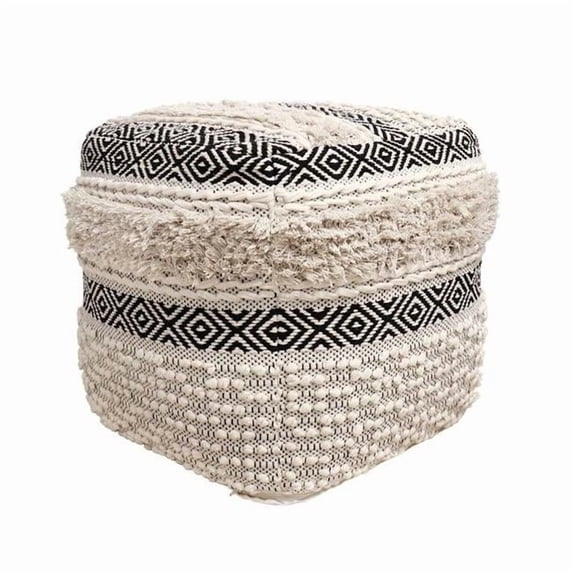 Pasargad Home PPF-623 Pasargad Home Grandcanyon Cubic Design Cotton Pouf, Ivory/Black
