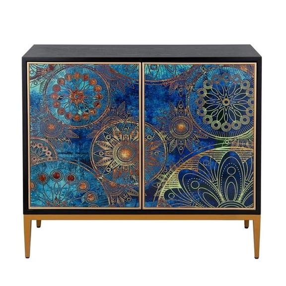 Pasargad Home PPH-L1 Eclipta Modern Accent Cabinet, Multicolor Pattern Doors with Black Finish & Gold Metal Legs, Push-Button Doors,