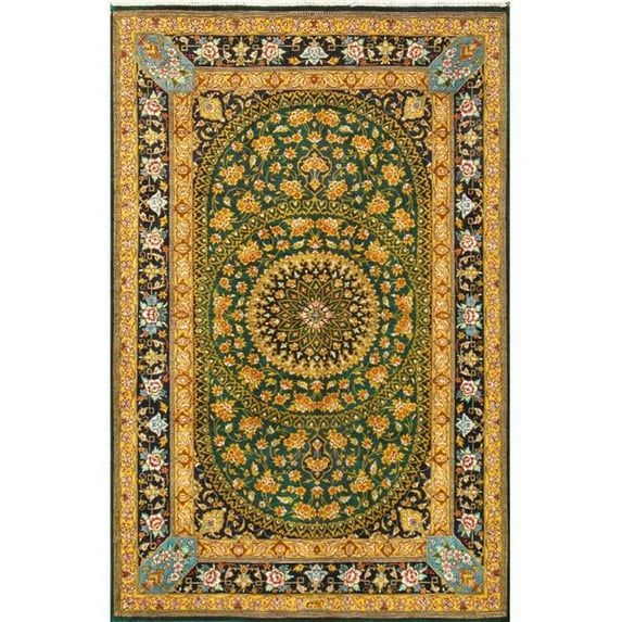 Pasargad Home Qum 30" x 48" Hand-Knotted Pure Silk Area Rug in Green