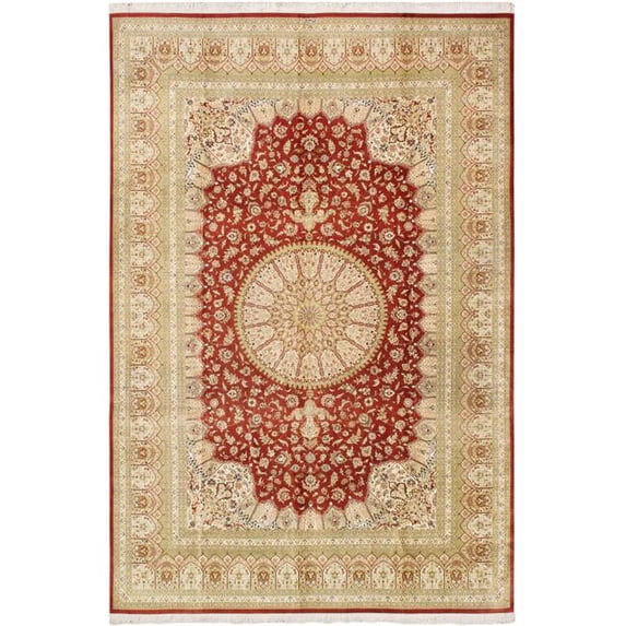 Pasargad Home Qum 94" x 139" Hand-Knotted Pure Silk Area Rug in Red Coral