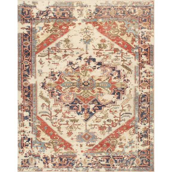Pasargad Home Serapi 10' x 14' Hand-Knotted Wool Ivory/Navy Square Rug - All Ages, Indoors
