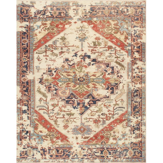 Pasargad Home Serapi 10' x 14' Hand-Knotted Wool Ivory/Navy Square Rug - All Ages, Indoors