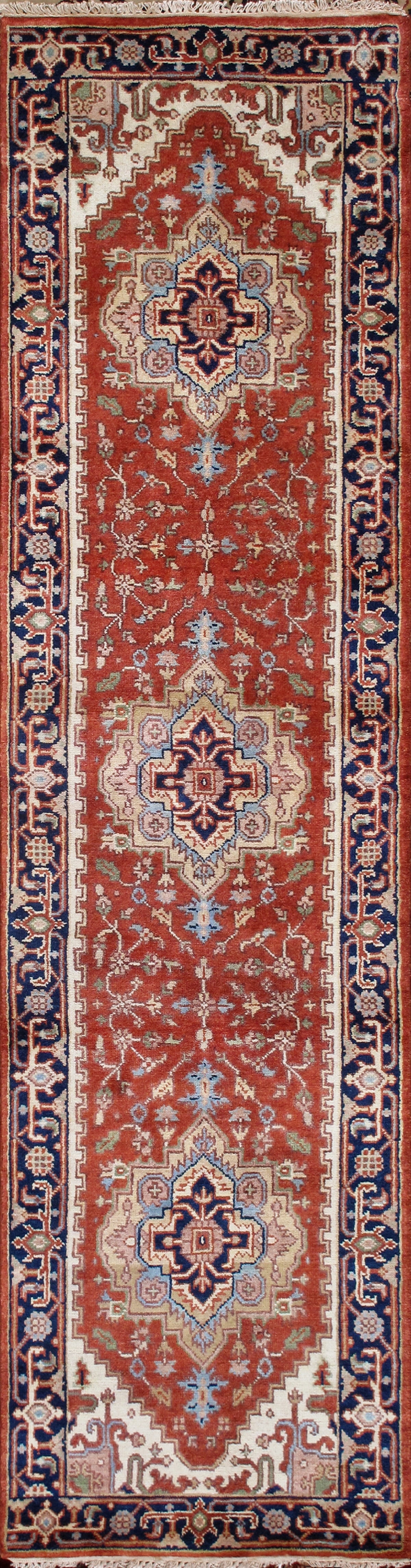Hand-knotted Wool Runner Rug in Rust and Navy