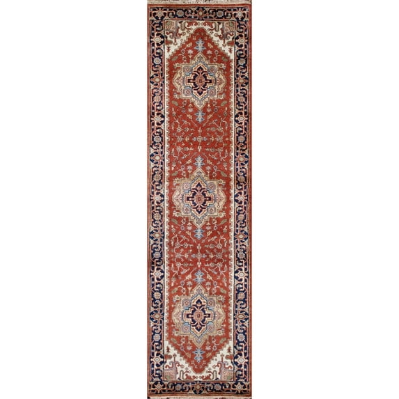 Pasargad Home Serapi 2'07" x 20' Hand-Knotted Wool Rust/Navy Rug - All Ages, Indoors