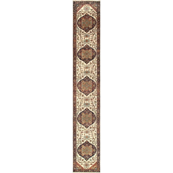 Pasargad Home Serapi 3' x 24' Hand-Knotted Wool Ivory/Navy Runner Rug - All Ages, Indoors