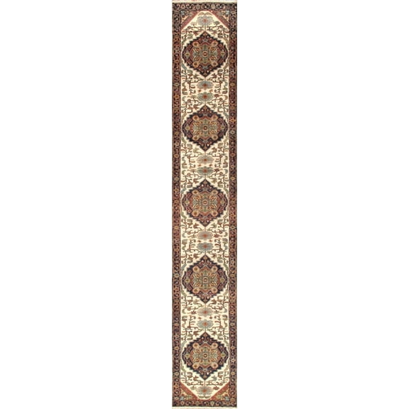 Pasargad Home Serapi 3' x 24' Hand-Knotted Wool Ivory/Navy Runner Rug - All Ages, Indoors