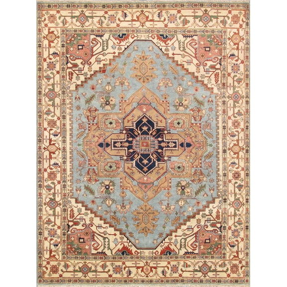 Pasargad Home Serapi 8' x 10' Hand-Knotted Wool Light Blue/Ivory Rug - All Ages, Indoors