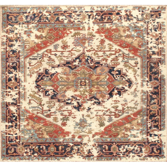 Pasargad Home Serapi 8' x 8' Hand-Knotted Wool Ivory/Navy Square Rug - All Ages, Indoors