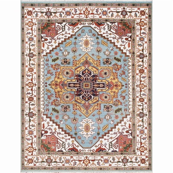 Pasargad Home Serapi 9' X 12' Hand-Knotted Wool Light Blue/Ivory Rug - All Ages, Indoors