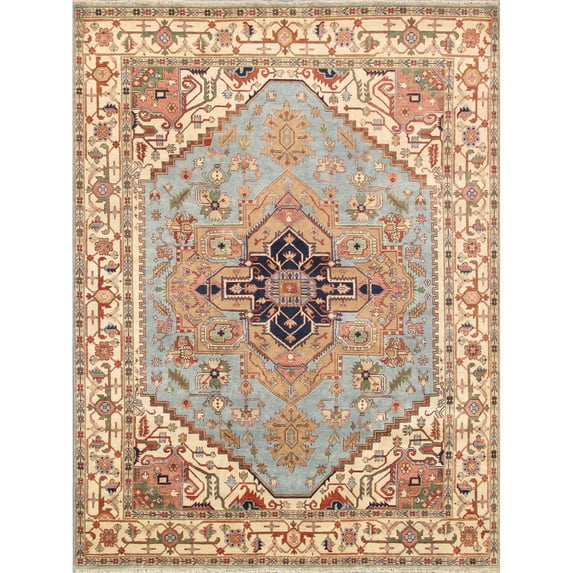 Pasargad Home Serapi 9' x 12' Hand-Knotted Wool Light Blue/Ivory Rug - All Ages, Indoors
